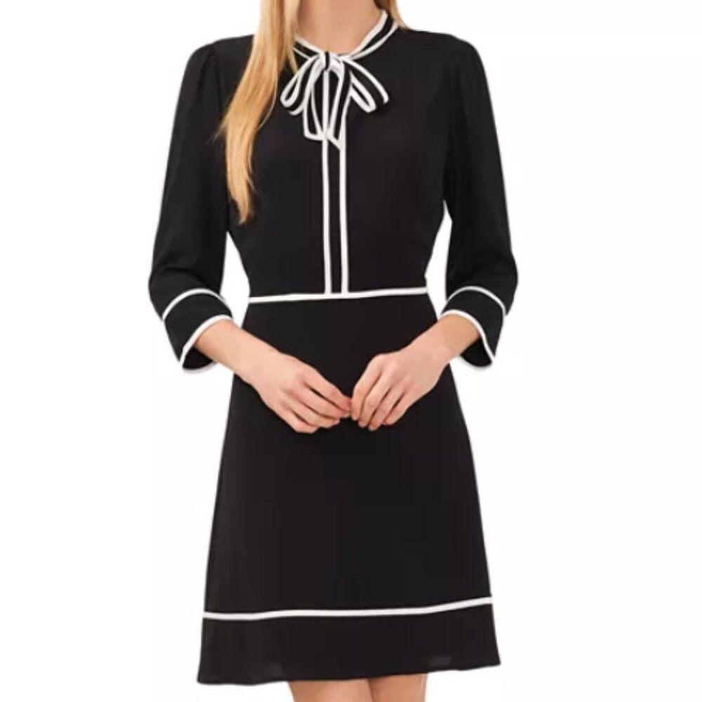 CeCe Contrast‑Trim Bow‑Neck A‑Line Dress